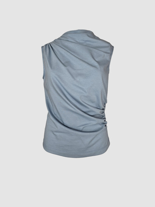 Top Azul Drapeado Sin Mangas