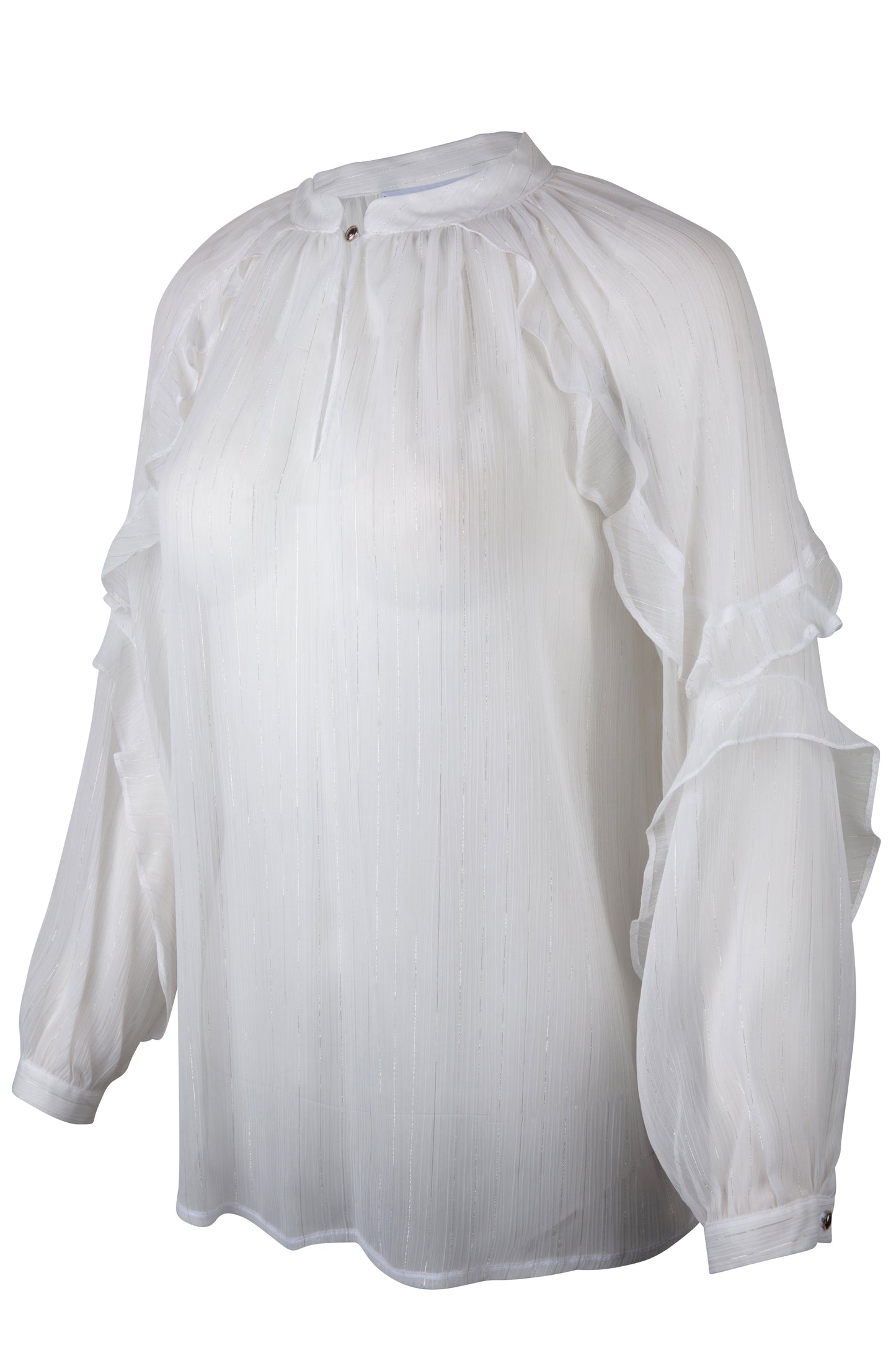 Blusa Blanca Cuello Mao Manga Larga Con Escarolas