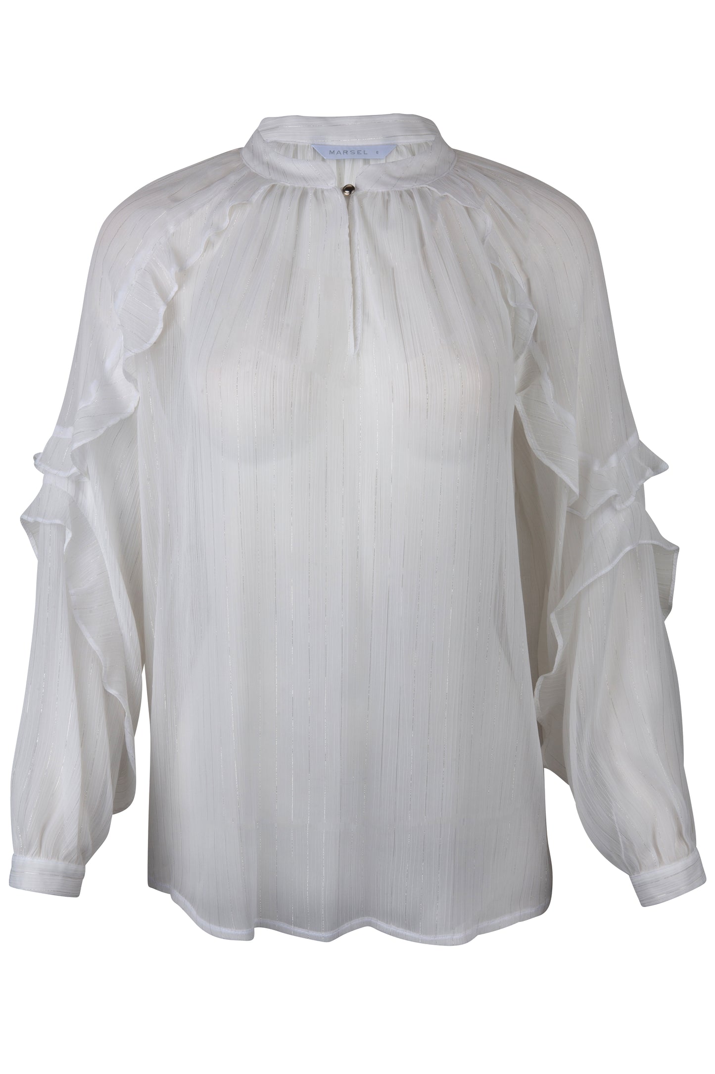 Blusa Blanca Cuello Mao Manga Larga Con Escarolas