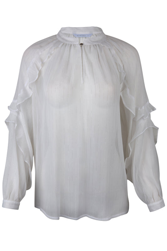 Blusa Blanca Cuello Mao Manga Larga Con Escarolas
