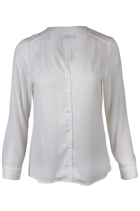 Blusa Blanca Manga Larga con Pliegues en Hombros